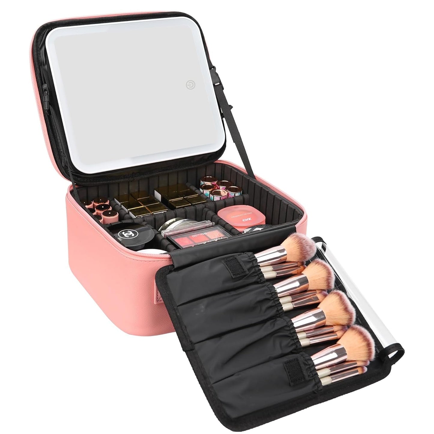 Yzhappy Travel Makeup Bag With LED Mirror, Cosmetic Train Case with Light up Mirror, Portable Makeup Artist Organizer Bag with Adjustable Dividers, Makeup Brush Holder Storage, Pink