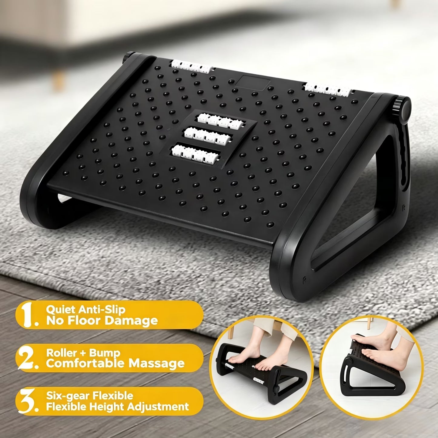 Foot Rest with 6 Adjustable Heights, Anti-Slip Suction Cup Design with Massage Roller, Portable Under Desk Foot Stool for Office, Home, Travel, Black