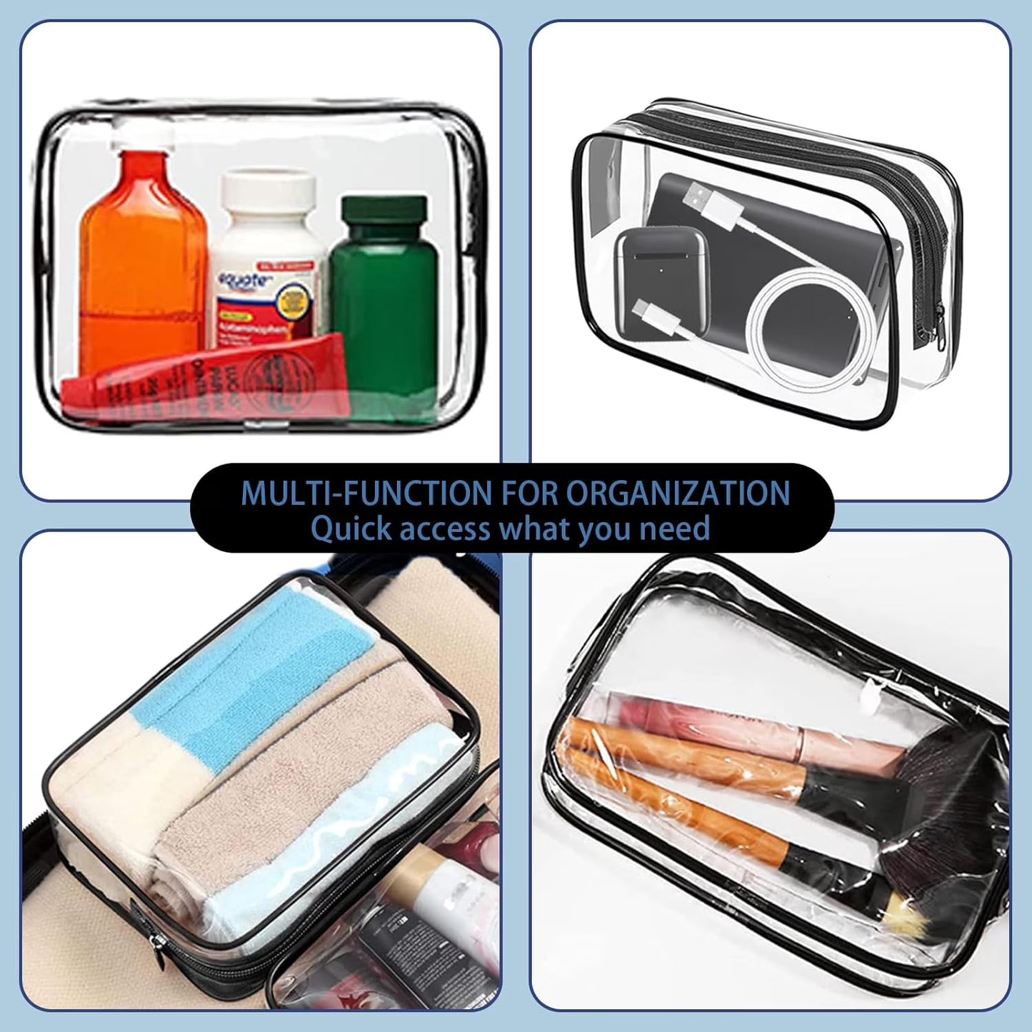 Clear Toiletry Bag, 12 Pack Travel Bag Carry on Travel Accessories Bag Airport Airline Bags Water Repellent Makeup Cosmetic Bag for Women