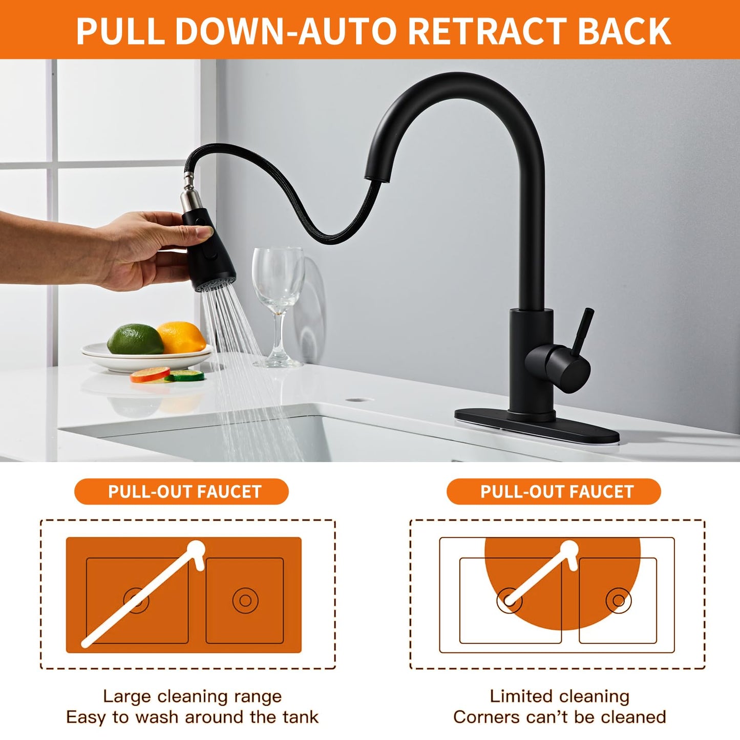Black Kitchen Faucets, Waterfall Kitchen Sink Faucet, Commercial Utility Stainless Steel Kitchen Faucets,Single Handle Kitchen Sink Faucet for 3 Function