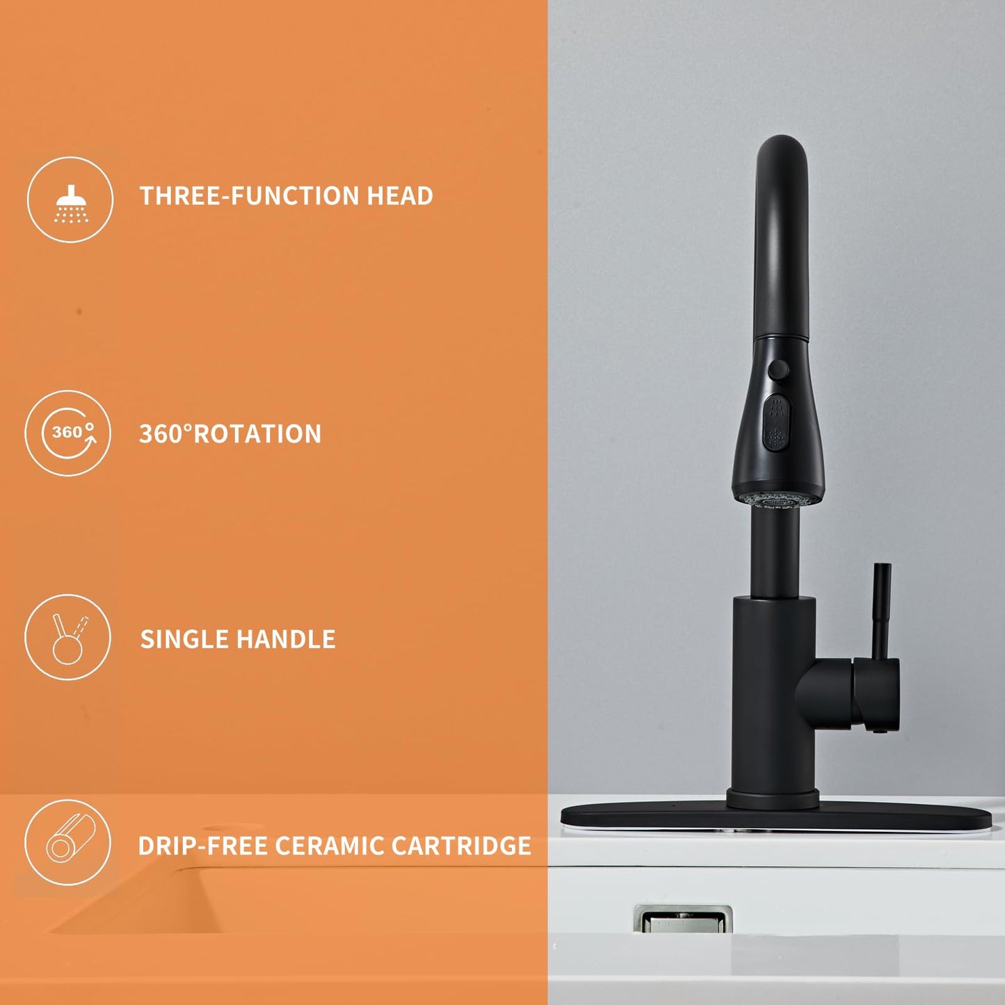 Black Kitchen Faucets, Waterfall Kitchen Sink Faucet, Commercial Utility Stainless Steel Kitchen Faucets,Single Handle Kitchen Sink Faucet for 3 Function