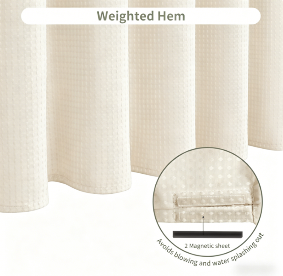 Waffle Textured Heavy Duty Thick Fabric Shower Curtains for Bathroom, 256GSM Luxury Weighted Polyester Cloth Bath Curtain Set with 12 Plastic Hooks，72Wx72H,White