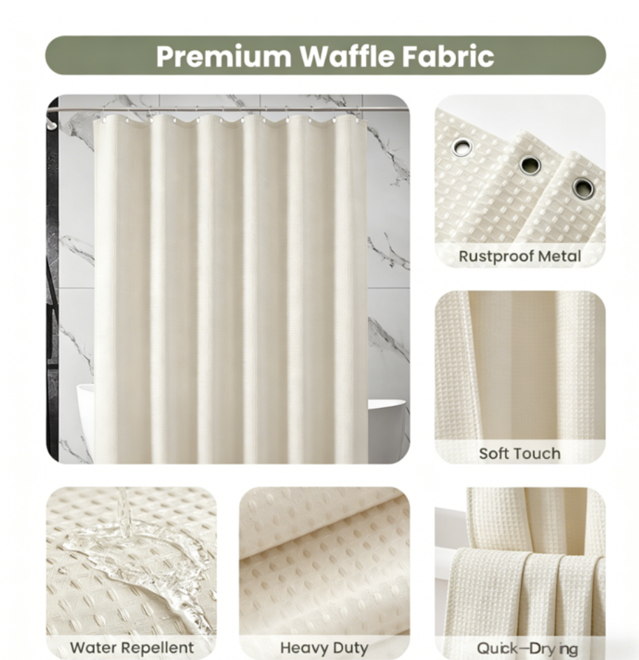 Waffle Textured Heavy Duty Thick Fabric Shower Curtains for Bathroom, 256GSM Luxury Weighted Polyester Cloth Bath Curtain Set with 12 Plastic Hooks，72Wx72H,White