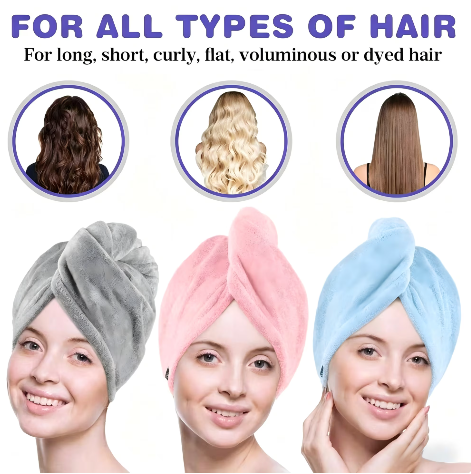 Microfiber Hair Towel Wrap, Fast Drying Hair Towels for Women, Soft Lightweight Quick Dry Turban for Curly & Long Hair–3 Pack(Blue/Grey/Pink)