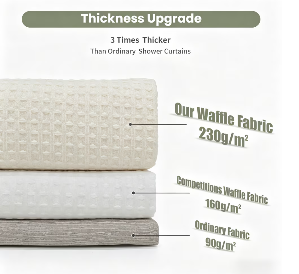 Waffle Textured Heavy Duty Thick Fabric Shower Curtains for Bathroom, 256GSM Luxury Weighted Polyester Cloth Bath Curtain Set with 12 Plastic Hooks，72Wx72H,White